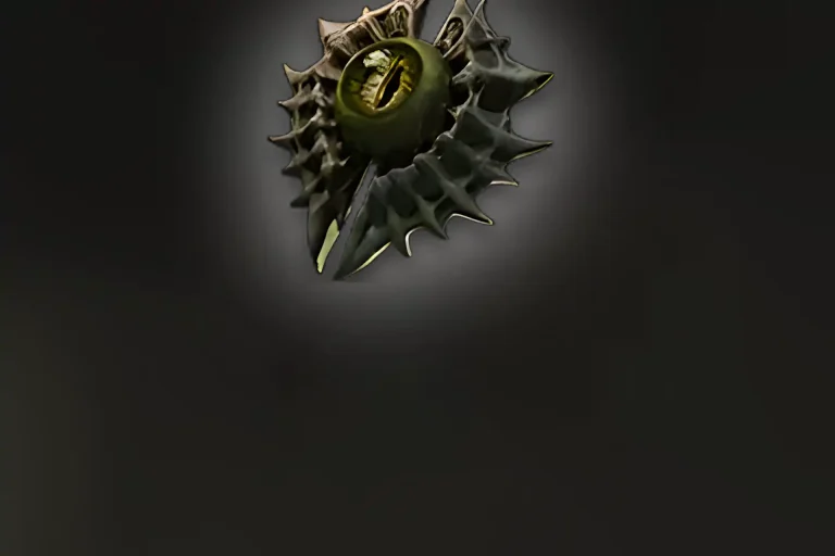 Path of Exile 2 Undying Hate jewel artwork featuring a central green slit eye surrounded by spiked metallic ridges.