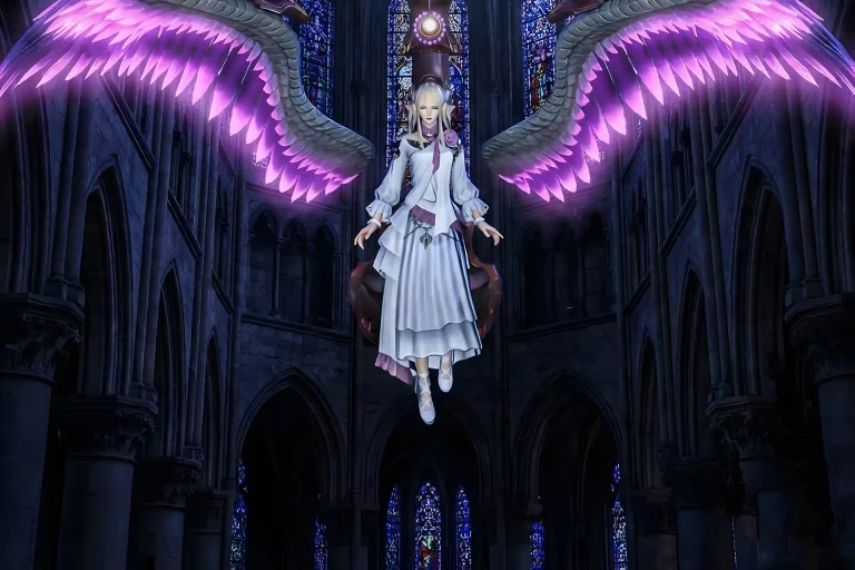 FFXIV Wings of Mist mount artwork with angelic purple wings and dramatic cathedral background