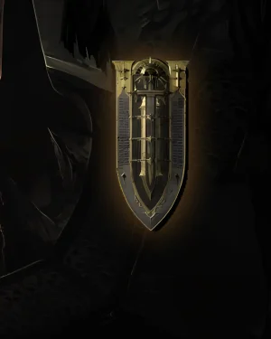 Buy Diablo 4 Bastion of Sir Matthias Unique Shield icon showing tall ornate tower shield