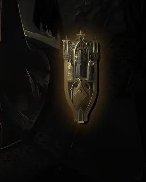 Buy Diablo 4 Cathedral’s Song Unique Shield icon showing ornate golden shield with stained glass