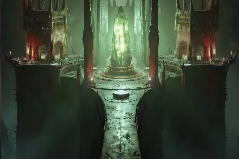 Ominous green crystal tower in the dungeon depths, representing the Destiny 2 Pit of Heresy Boost location