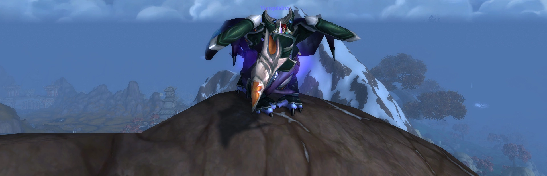 Brutal Nether Drake mount with the Vanquisher title in World of Warcraft