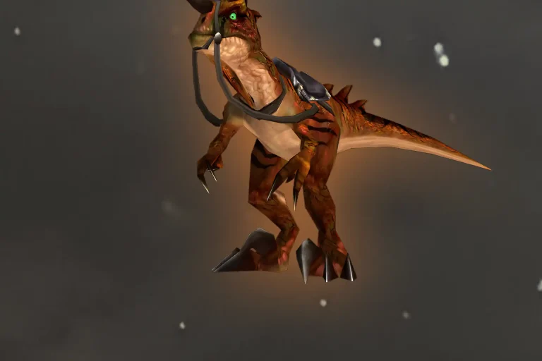 Rare Savage Raptor WoW mount with orange reptilian body and saddle from the Trading Card Game