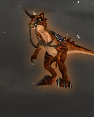 Savage Raptor mount from World of Warcraft TCG with orange scales and glowing green eyes