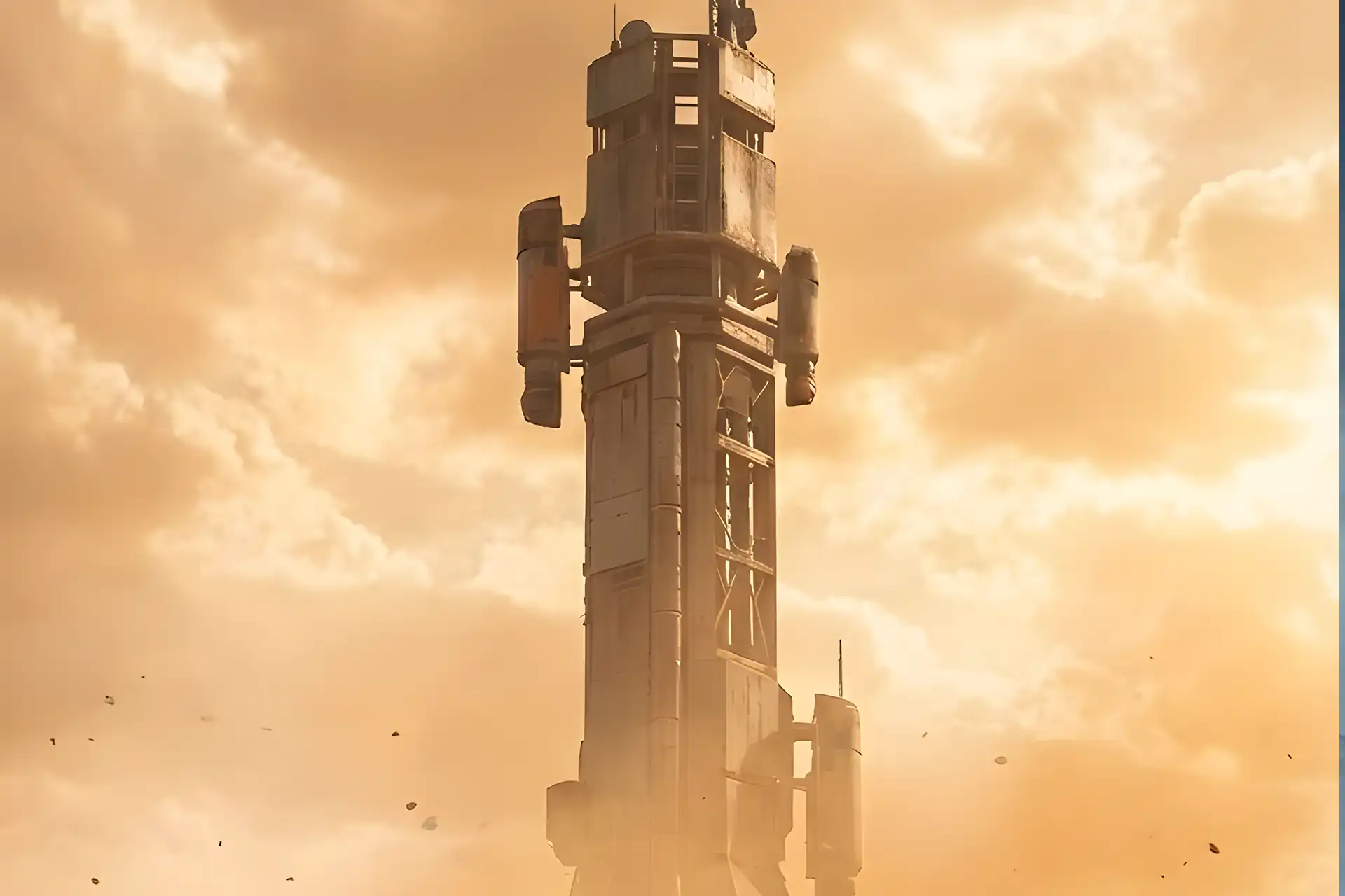 The towering Seraph Station structure rising from the dusty Martian landscape, the environment explored in a Destiny 2 Spire of the Watcher Carry.