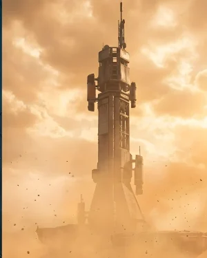 The tall Seraph tower structure on Mars in a dusty environment, the location for a Destiny 2 Spire of the Watcher Carry to farm loot.