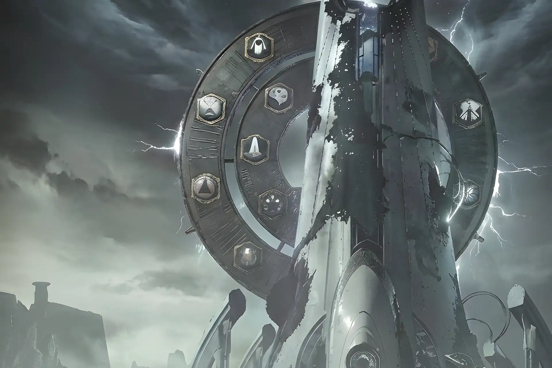 Stormy sky over a crumbling white Vex tower with glyphs, illustrating the environment explored in a Destiny 2 Sundered Doctrine Carry.