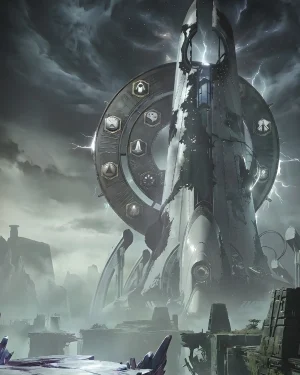 A massive Vex spire with rotating symbols and lightning, the setting for the new dungeon where you can get a Destiny 2 Sundered Doctrine Carry.