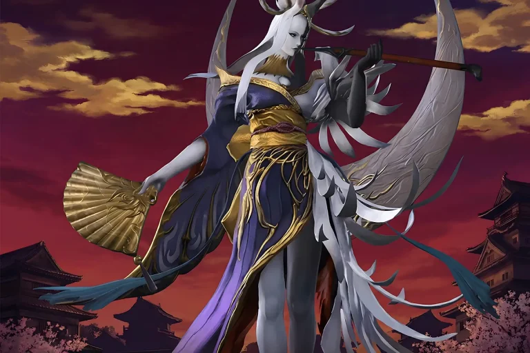 Tsukuyomi boss from Final Fantasy XIV standing poised with fan during a Tsukuyomi’s Pain Unreal Trial Boost service illustration in dramatic sunset background