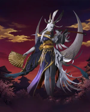 Tsukuyomi boss from Final Fantasy XIV standing poised with fan during a Tsukuyomi’s Pain Unreal Trial Boost service illustration in dramatic sunset background