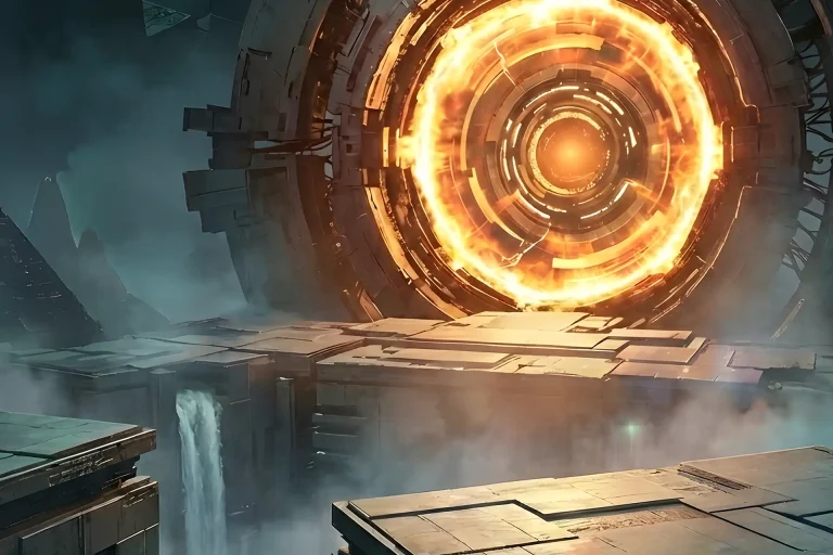 Detailed view of the massive mechanical ring and waterfall inside the Vesper Station, the environment explored in a Destiny 2 Vesper’s Host Carry.