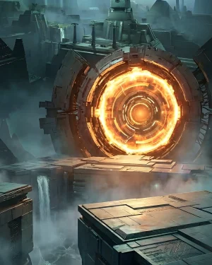 A fireteam of Guardians standing before the massive glowing portal of the Vesper Station dungeon, ready for a Destiny 2 Vesper’s Host Carry.