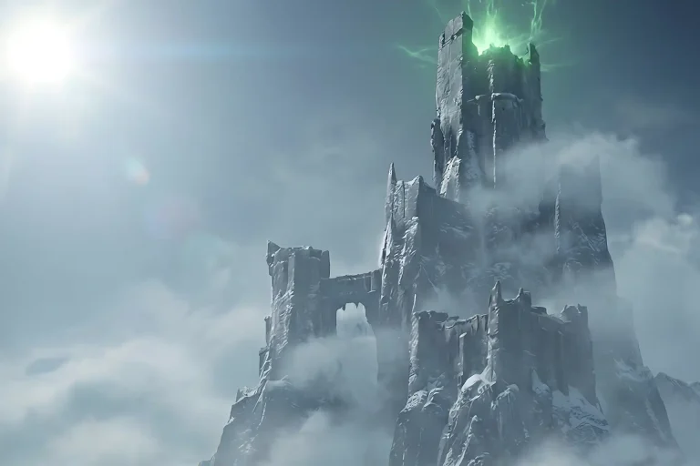 A crumbling stone fortress atop a misty mountain, illustrating the atmospheric environment explored during a Destiny 2 Warlord’s Ruin Carry.