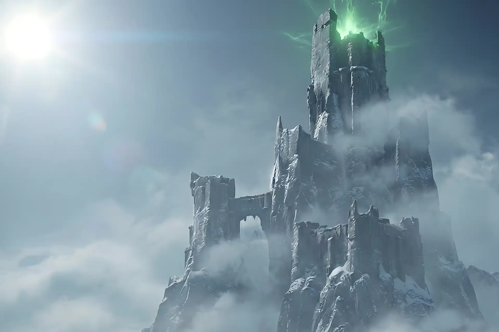 A crumbling stone fortress atop a misty mountain, illustrating the atmospheric environment explored during a Destiny 2 Warlord’s Ruin Carry.