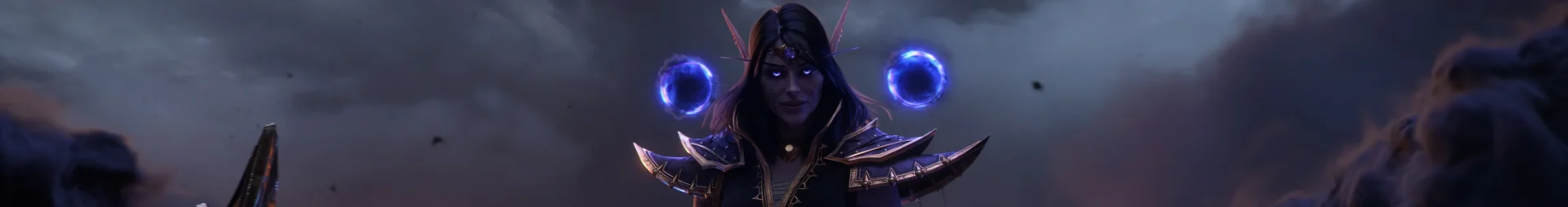 World of Warcraft Midnight dark fantasy background with void energy effects.