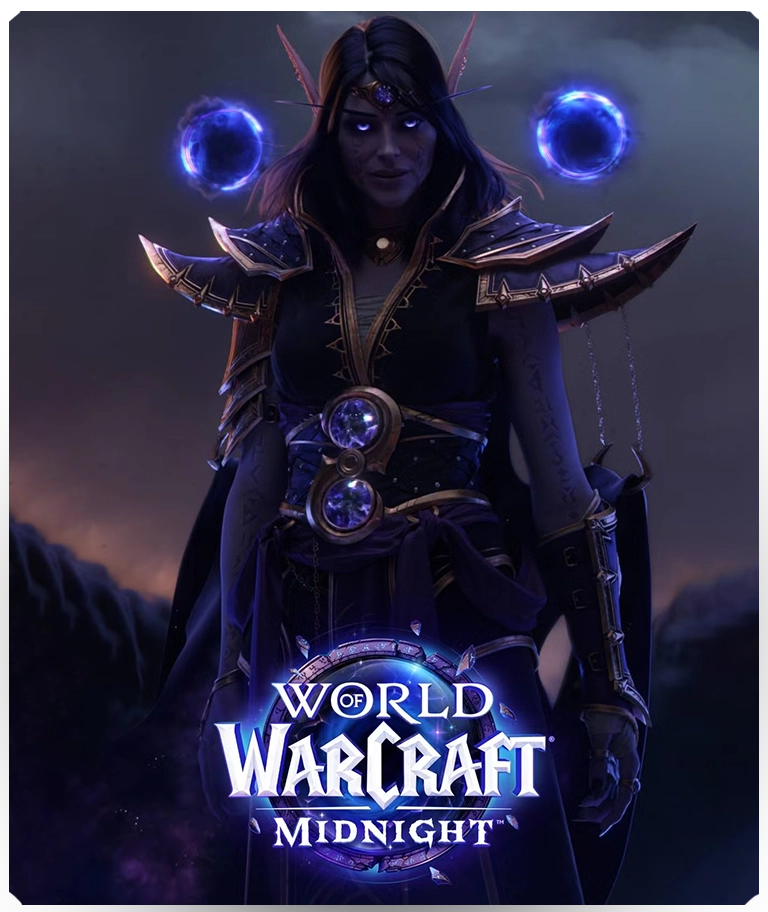 Alleria Windrunner from World of Warcraft Midnight surrounded by void magic energy.