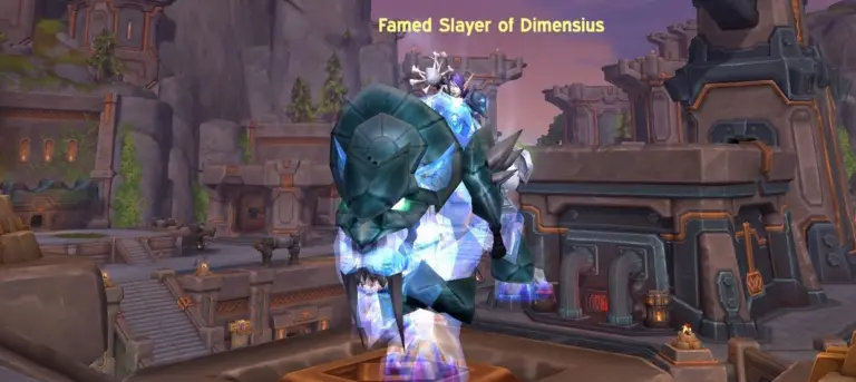 Swift Spectral Tiger mount with Famed Slayer of Dimensius title in World of Warcraft