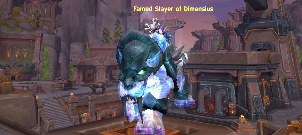 Swift Spectral Tiger mount with Famed Slayer of Dimensius title in World of Warcraft