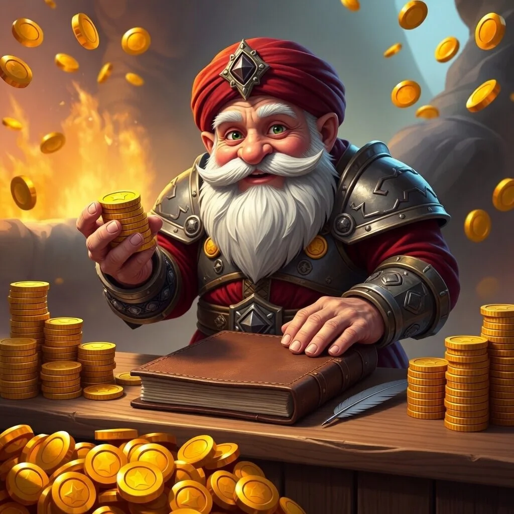 Fantasy dwarf holding gold coins, representing online game currency selling services