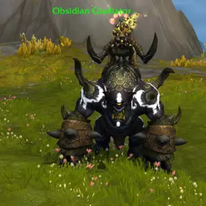 Warmongering Gladiator's Felblood Gronnling mount with the Obsidian Gladiator title in World of Warcraft
