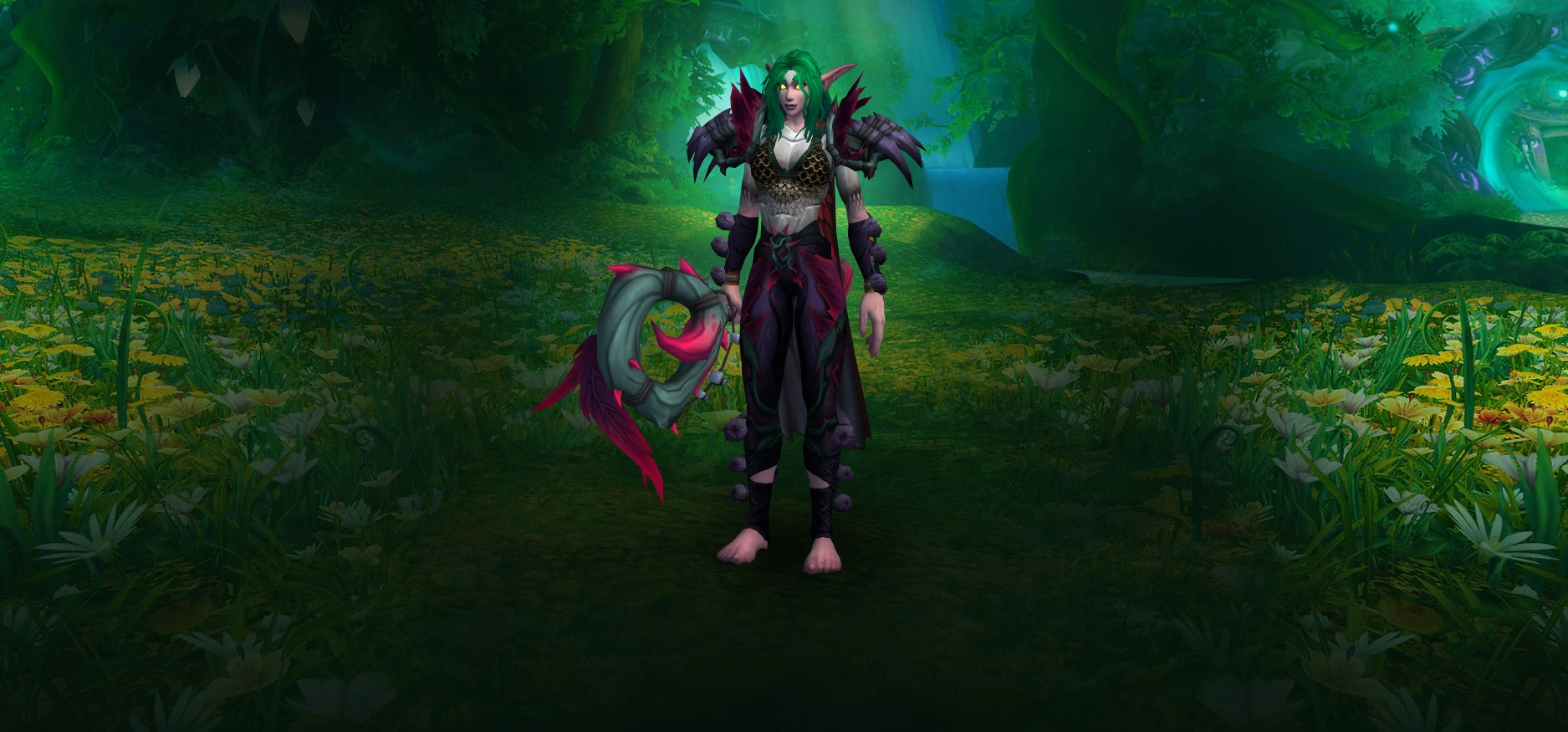Character wearing great looking current gear with a stylish PvE transmog in World of Warcraft