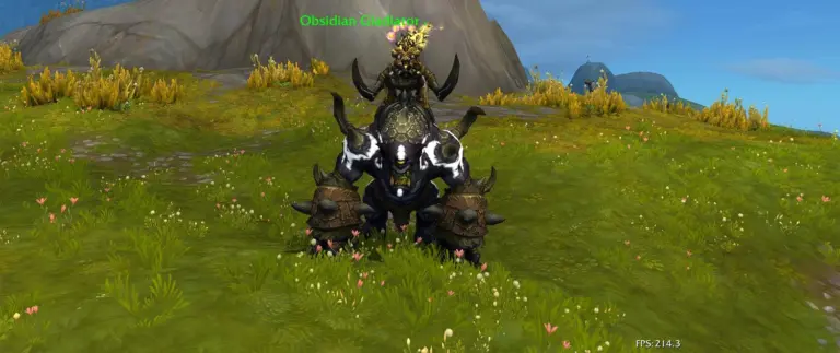 Warmongering Gladiator's Felblood Gronnling mount with the Obsidian Gladiator title in World of Warcraft