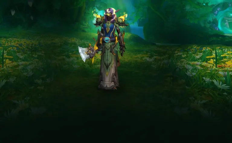 Character wearing great looking current gear with a stylish PvE transmog in World of Warcraft