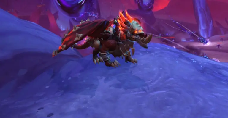 Crimson Gladiator's Drake mount earned by an S1 Dragonflight Gladiator in World of Warcraft