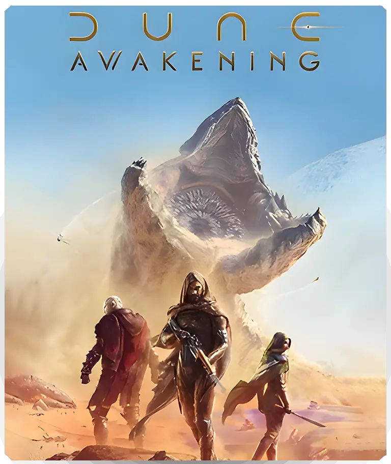 Dune: Awakening - Three characters on a desert planet facing a massive sandworm